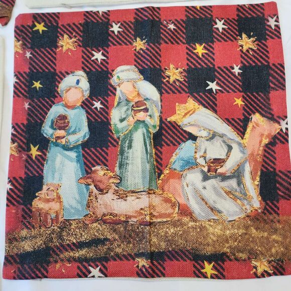 4x Christmas Nativity Scene Holy Night Canvas Pillow Covers Plaid Red White New - Picture 3 of 14